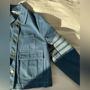 Deep blue classic fall light coat, Thom Browne nyc exclusive with gold detail